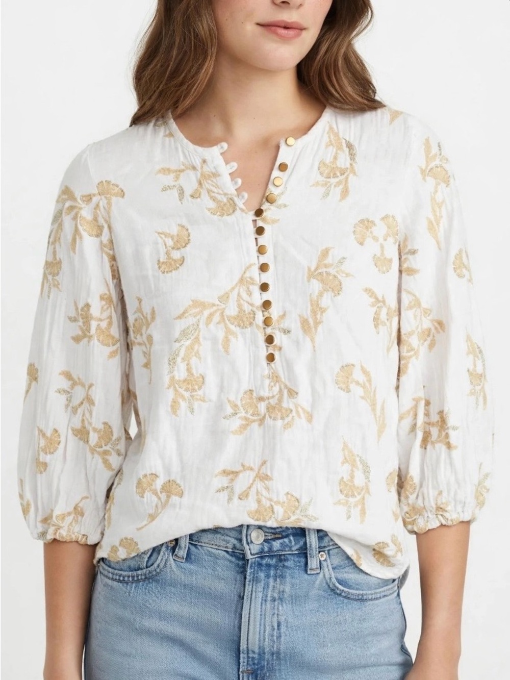 Anthropology Tinsel White Gold embroidered peasant blouse XS Button Front